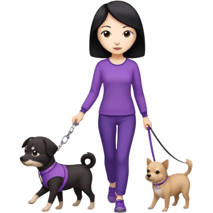black hair Chinese woman wearing purple top and black pants walking 1 small light brown dog emoji