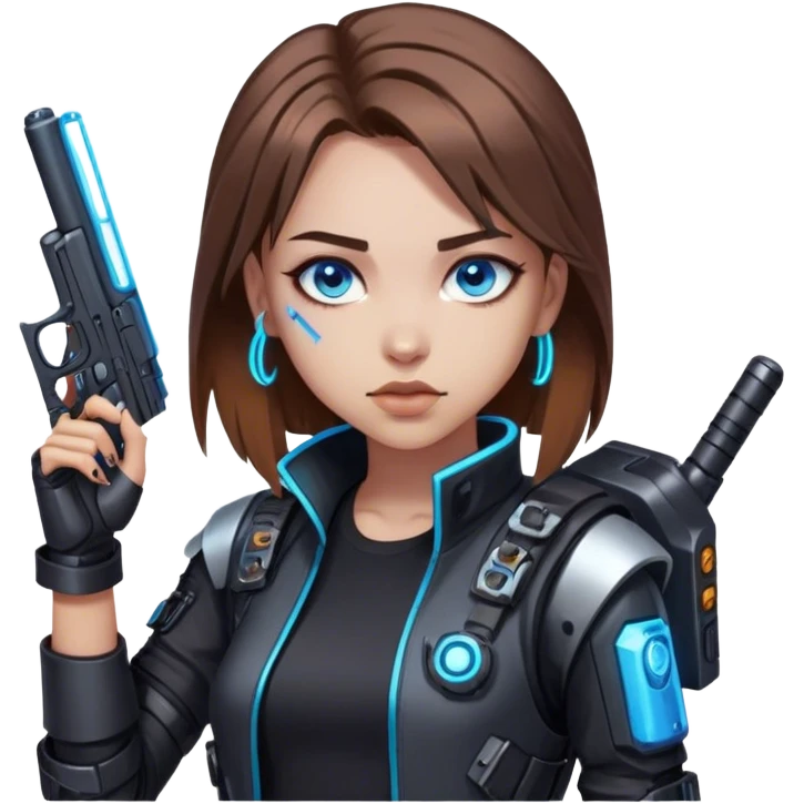 Neon cyberpunk style 
girl with brown hair and blue eyes 
shoots emoji