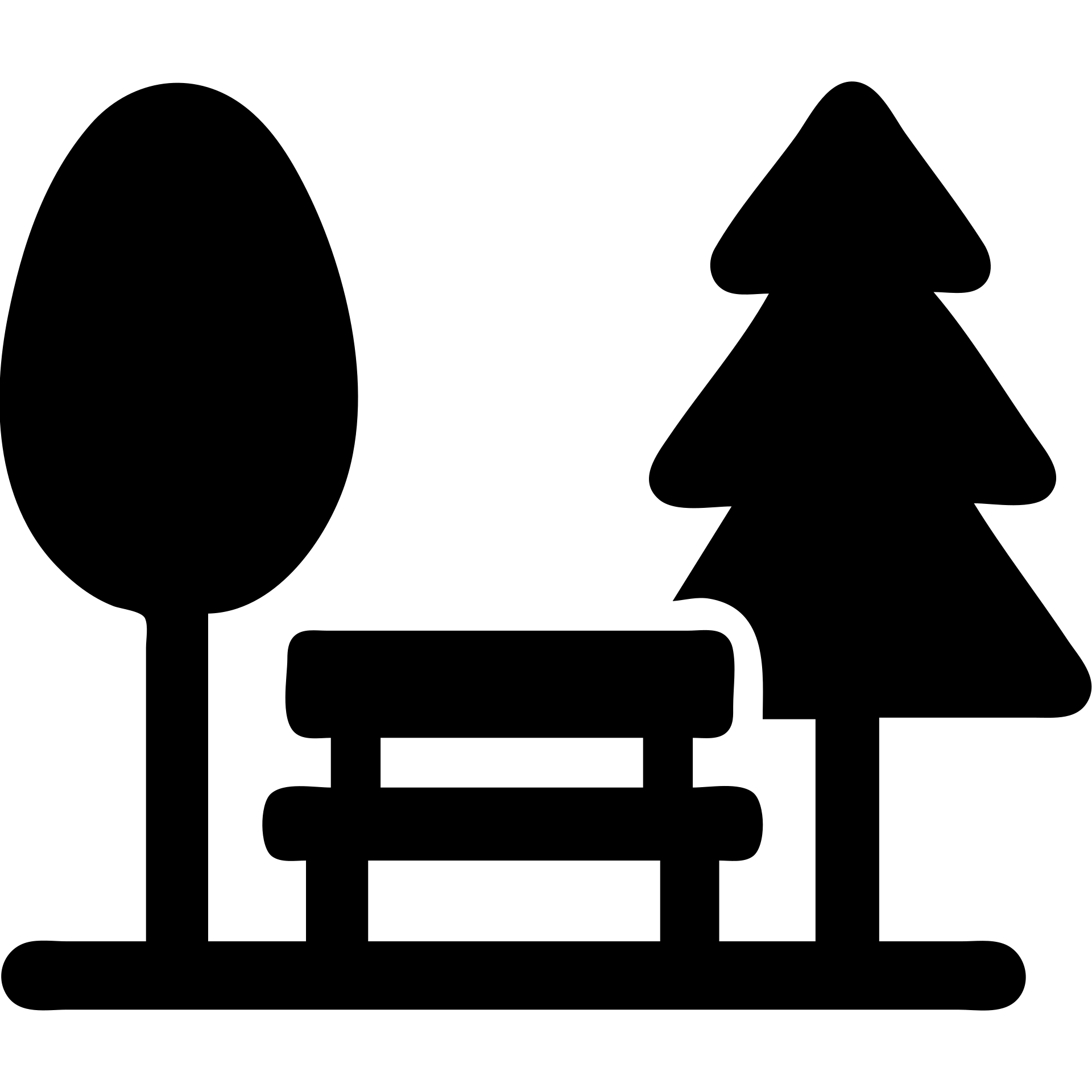 stylized trees and bench park icon, solid black fill, minimalist silhouette emoji