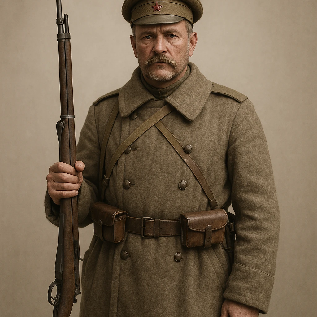 realistic style soldier of the Russian Army of World War I, greatcoat, rifle, forage cap, neutral background emoji