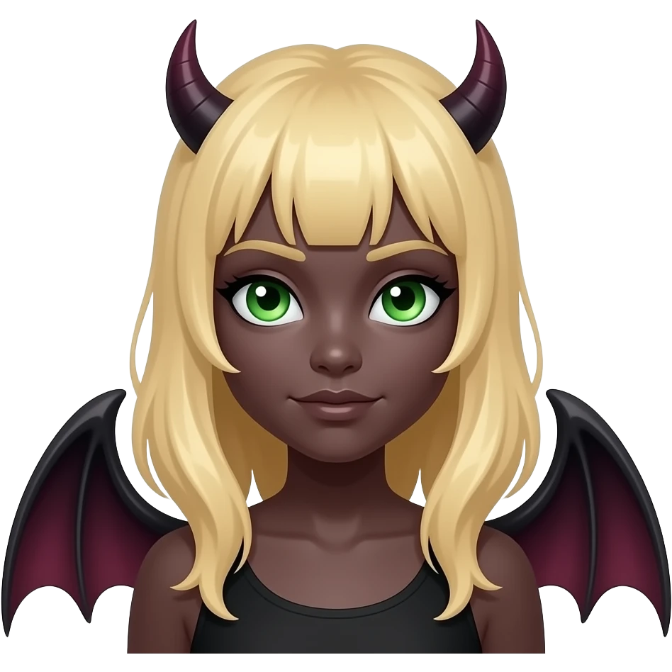 Make an emoji of a cute green eyes, blond hair girl with an angel halo, but devilish and dark everywhere else emoji