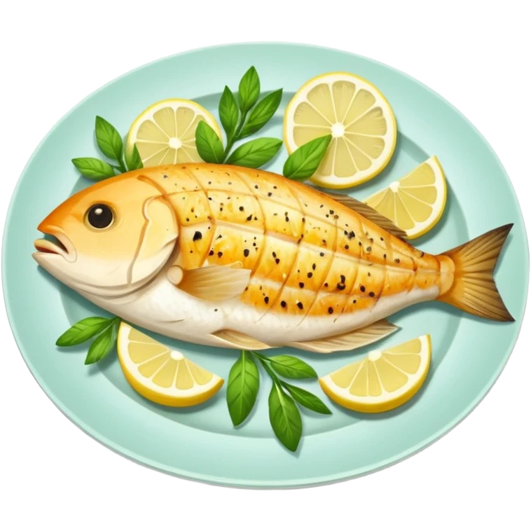 Draw a grilled fish fillet on a plate with lemon slices & herbs. emoji