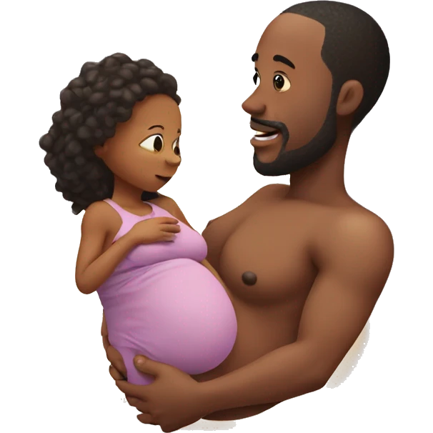 Pregnant man with a huge womb holding a toddler playing with his belly emoji