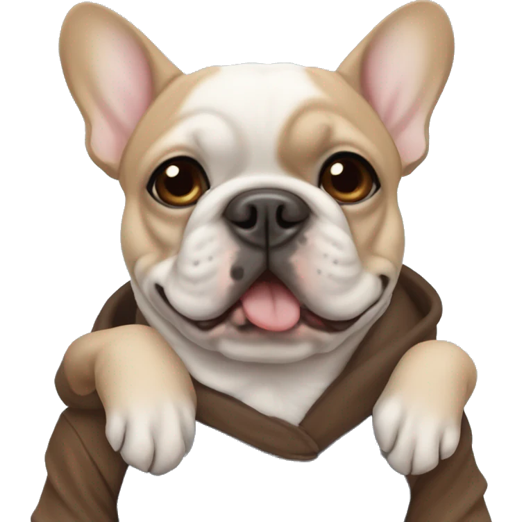 A brown French bulldog with a dark muzzle sits in the arms of a girl with short dark hair and blue eyes emoji