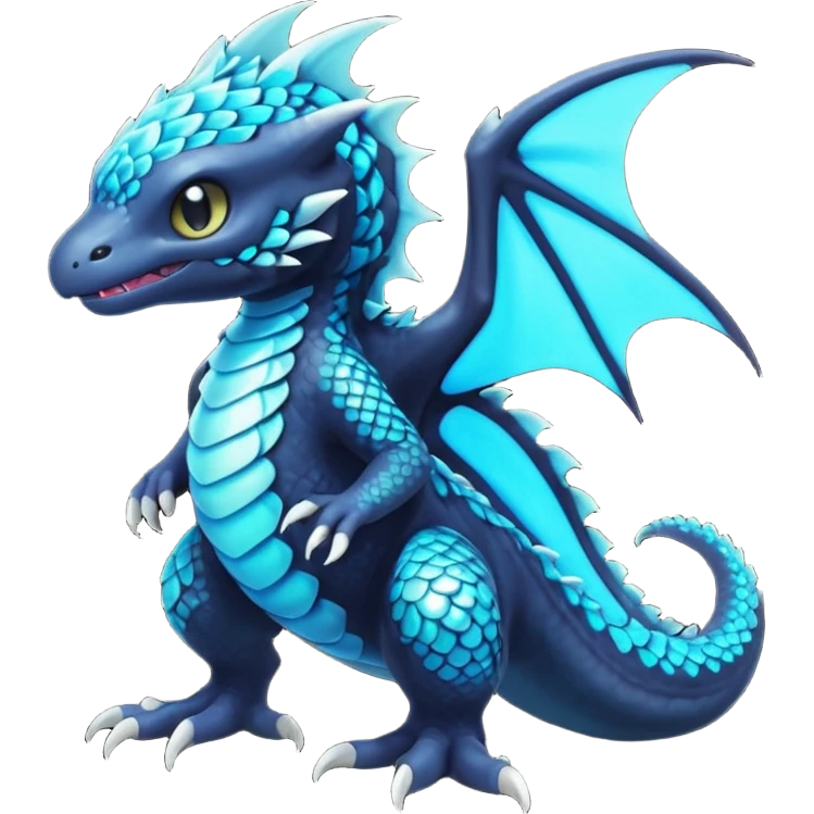 Multicolored dark shiny bioluminescent glowing black and cyan and blue gloomy spooky cute adorable scales-covered pretty cool elegant realistic abyssal exotic Fakémon-Pokémon-Digimon-Trico, full body emoji