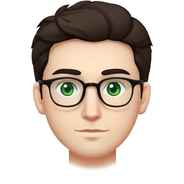 young man with pale skin, larger face, bigger nose, thick dark eyebrows, dark tall voluminous slightly wavy hair styled up high on head but not curly, wearing glasses with green eyes and very light stubble, with a slight smile emoji