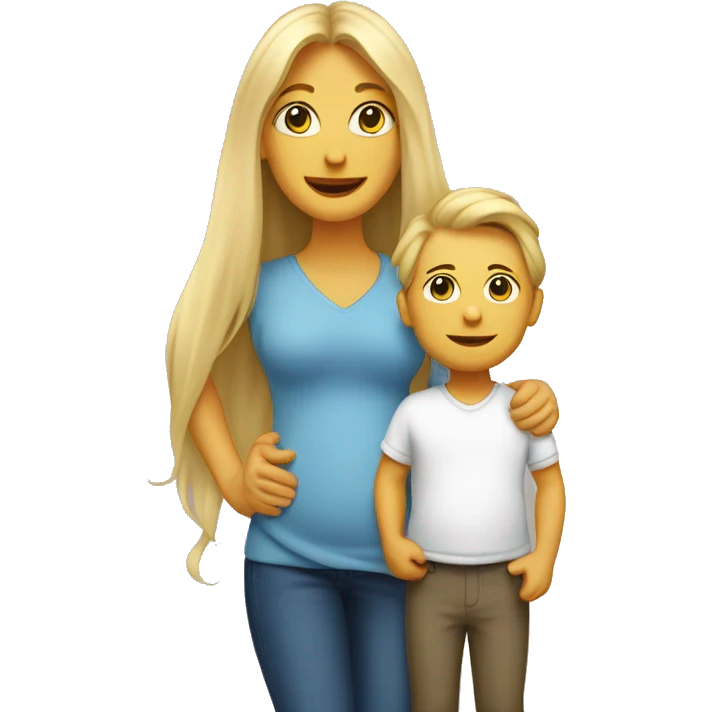 An emoji of a mother with long, flowing blonde hair standing confidently, next to her husband. In her arms, or in front of them, is a baby boy, representing a happy and loving family emoji