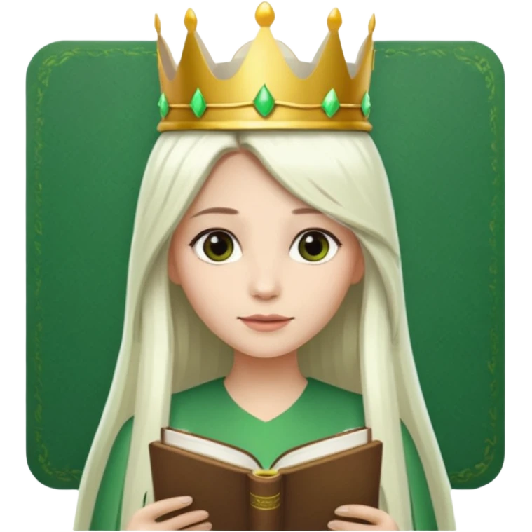 Long Hair Women with green Book, White straight hair, crown

 emoji