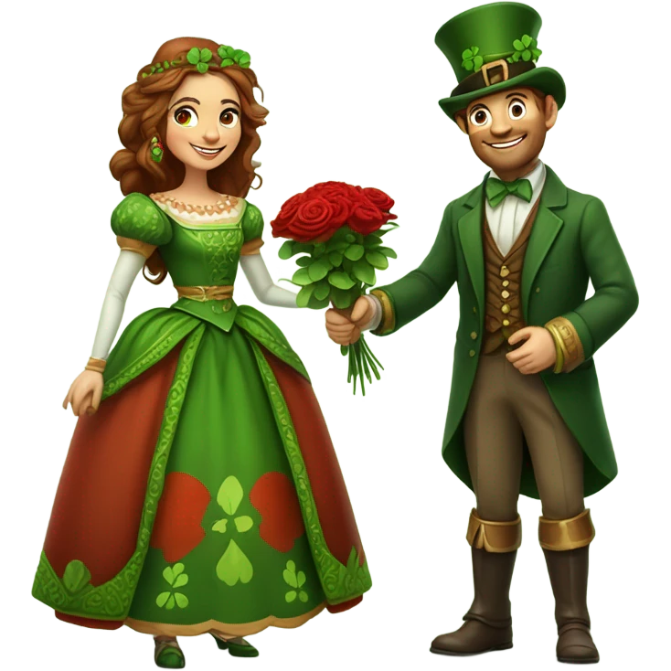 Short leprechaun giving red roses and clovers to a much taller brown haired queen emoji