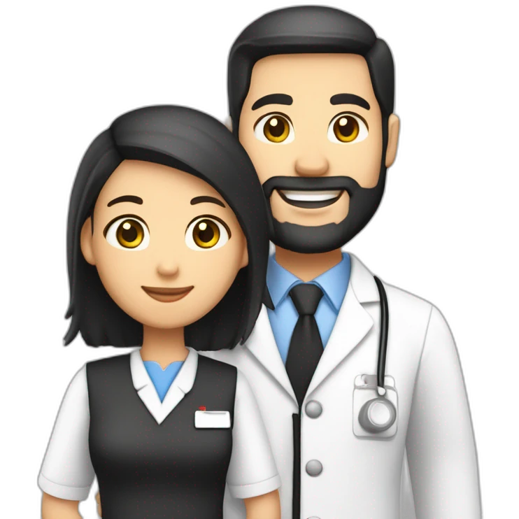 husband american 55 dark hair trimmed beard business suit pastor holding bible, wife asian age 55 black shoulder length hair wearing nurse uniform and nurse cap, no children emoji