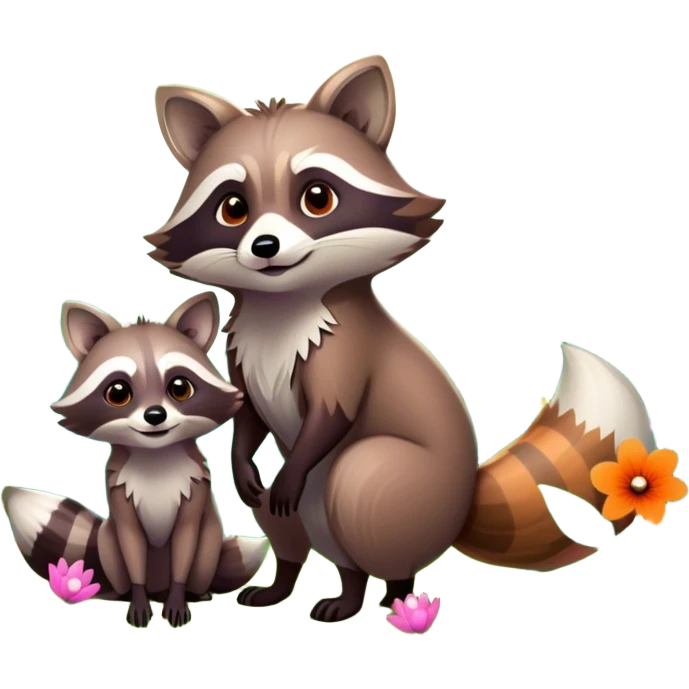 raccoon and a fox among a colorful forest with vibrant green trees, bushes and flowers. The animals are in the foreground, surrounded by a lush, bright forest, with soft sunlight filtering through the leaves. A playful and wild scene with a transparent background. emoji