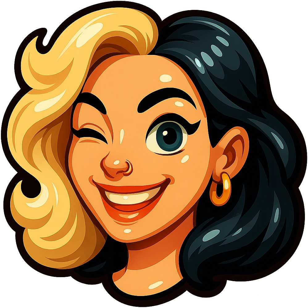 Remove the white outline completely. Add a nose piercing. Keep the Telegram sticker style with two-tone hair, a smile showing the upper row of teeth, winking, blue eyes, pale skin, and gold earrings. Only the head with hair, no background. emoji