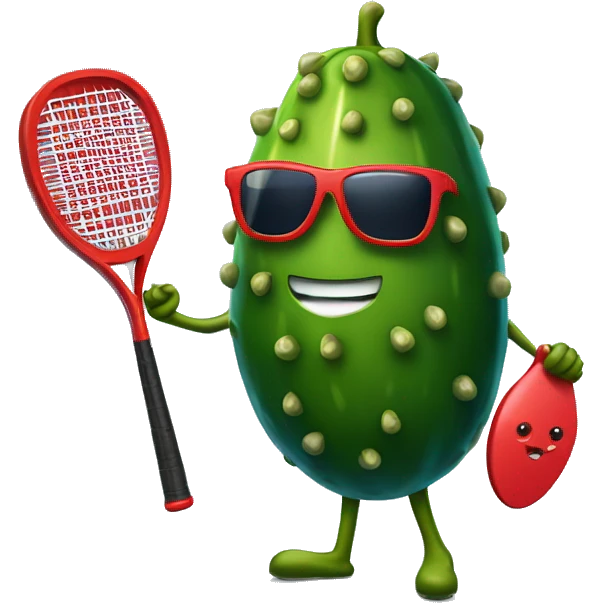 pickle holding a solid red paddle ball racket, blue backgound, wearing sunglasses emoji