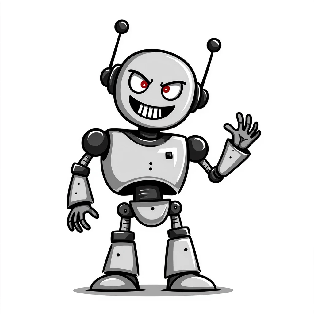 Hand-drawn evil robot with scary face and mechanical parts emoji