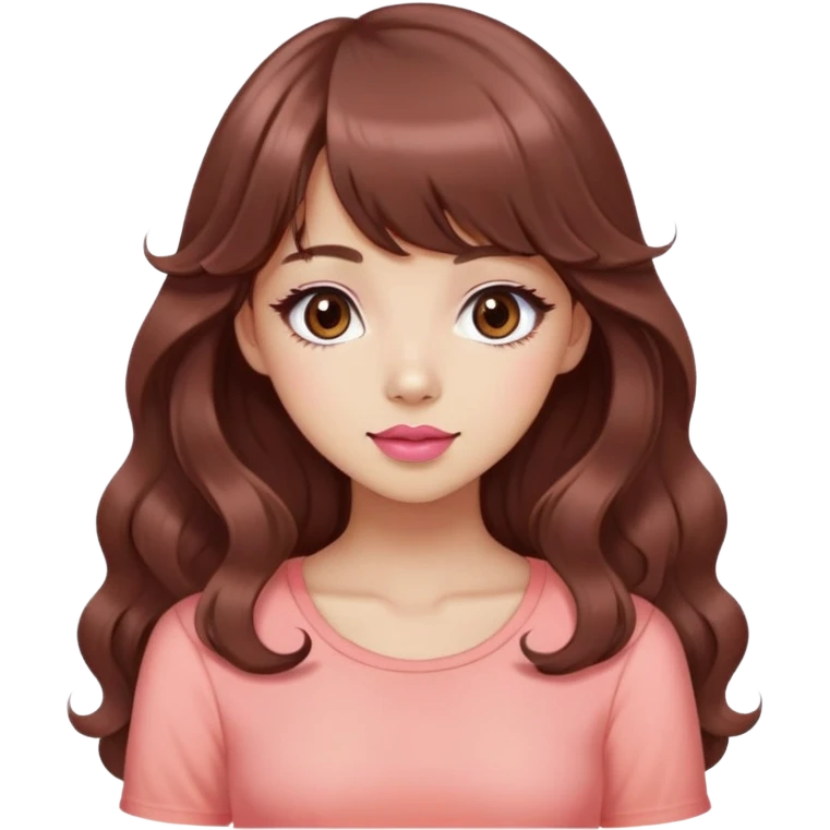 cute woman, light tan skin, big dark brown eyes, very long wavy auburn hair, bangs, pink top, coral lipstick, kawaii pose emoji