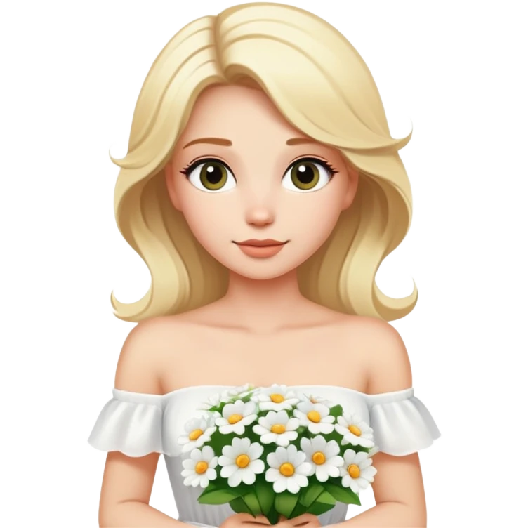 blonde woman in a white off-shoulder dress with a bouquet of white flowers emoji