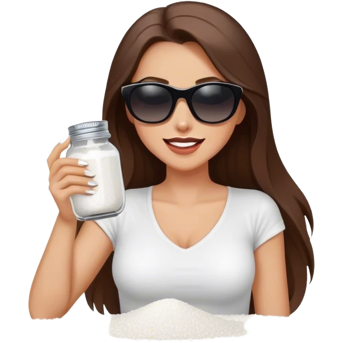 sassy woman with long brown hair and dark sunglasses holding a salt shaker filled with white table salt. She is shaking and sprinkling the salt. She is smirking.  emoji