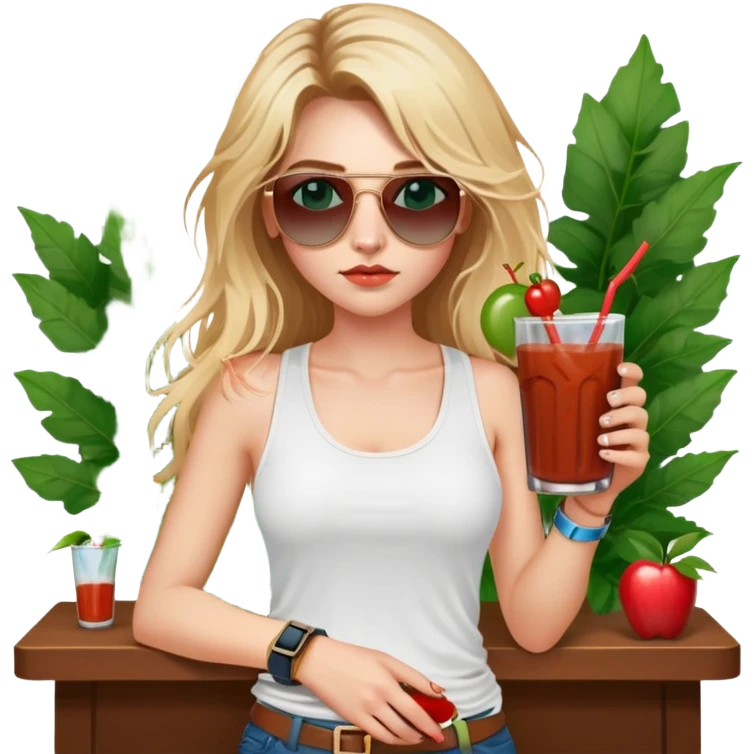 girl with long blond messy hair
with blue eyes
and aviator sunglasses
wearing white tank top 
holding bloody mary
wearing (rose gold apple watch with forest green band) emoji