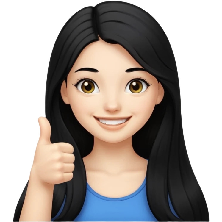 una chica sonriendo con un pulgar hacia arriba con el pelo largo negro y pestañas donrisa sin dientes, y q sea una chica guapa emoji