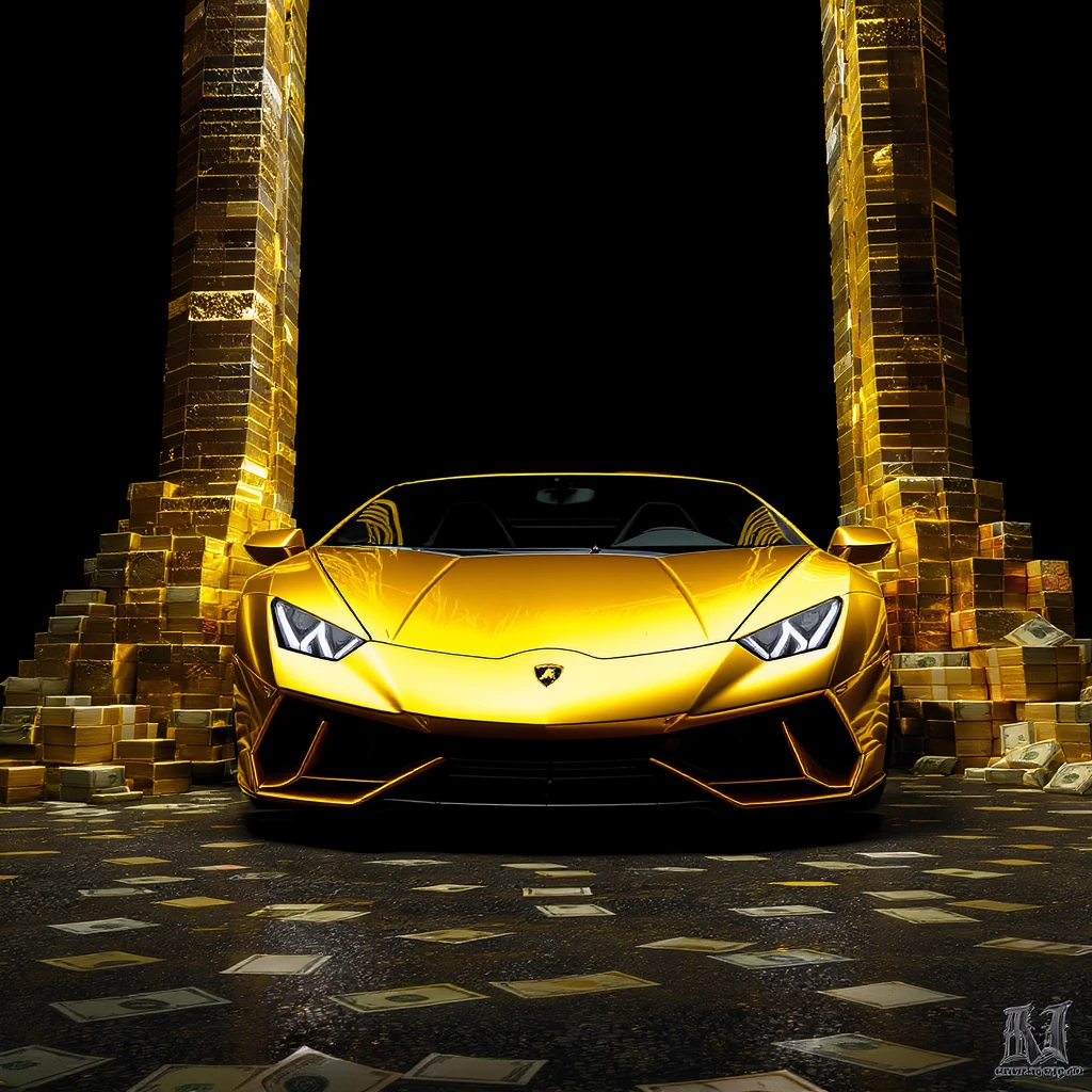 GTA V art style, digital paint, gold lamborghini huracan standing between a lot of gold and money , symmetrical, black solid color background, studio, low angle emoji