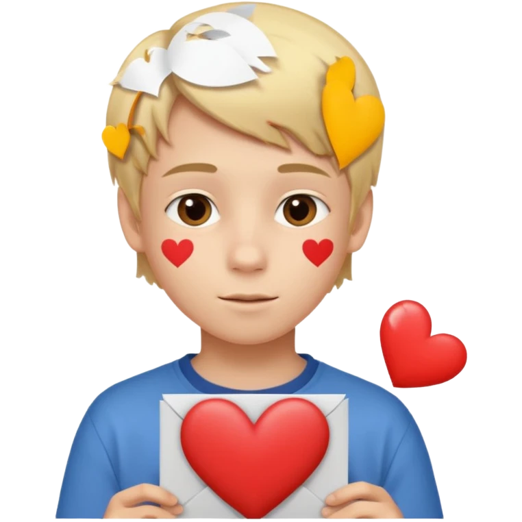Un garçon blond aux yeux marrons de 13 ans qui tient avec ses mains un L avec des cœurs autour de son visage emoji