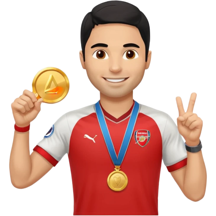 Mikel Arteta wearing an Arsenal shirt while holding a second place medal up and is very happy emoji