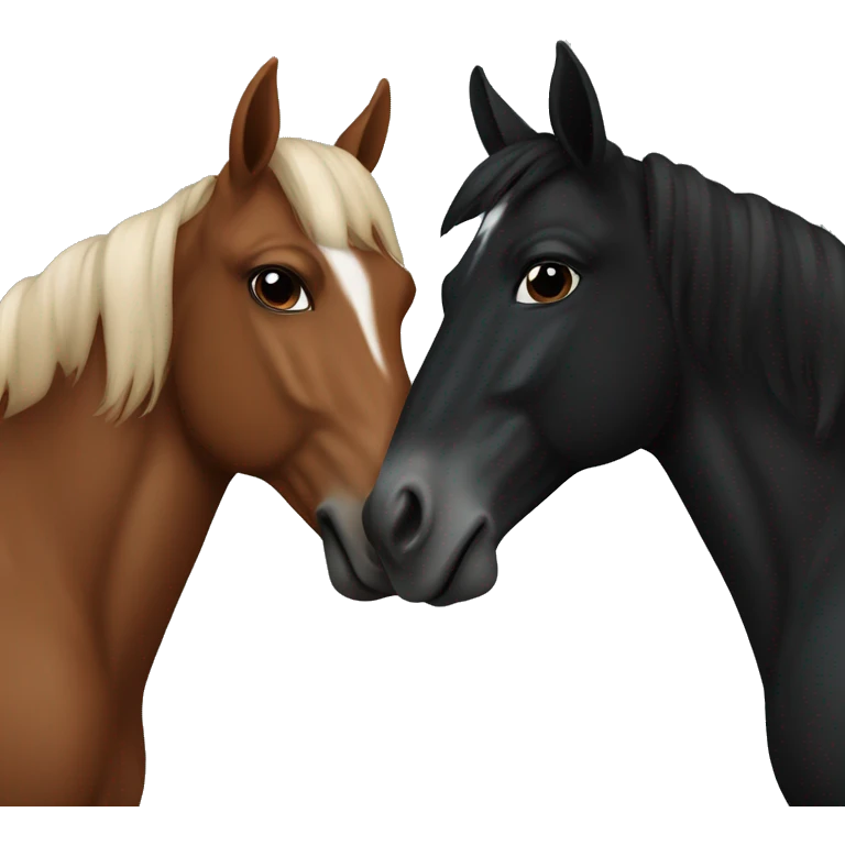 2 horses are kissing each other. One is black and the other one is chestnut  emoji