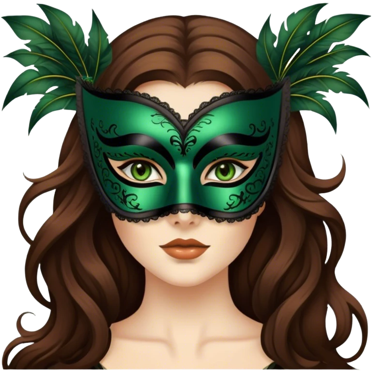 Greeneyed Woman with long brown hair wearing Black venetian mask emoji