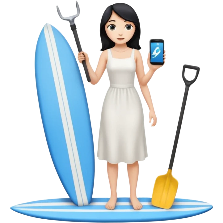 Princess who wearing white dress (woman) black hair holding her phone with her hand and holding long shovel with another hand. Under her feet, there is one blue surfing board. emoji