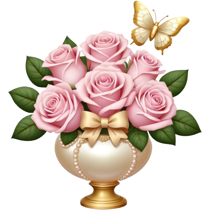 Realistic aesthetic bouquet of roses. Three white and three light pink in a pearl vase and a beige bow with gold decoration and a butterfly with gold and beige wings emoji
