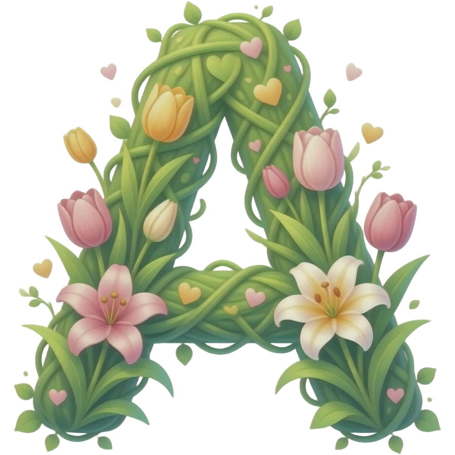 A letter 'A' formed from lush green vines shaped into small hearts. Vibrant tulips and lilies bloom from the letter, each flower center glowing like a tiny star. Dreamy atmosphere, hyper-realistic, soft pastel colors emoji