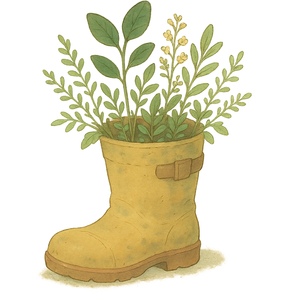 rain boot with plants growing out, gentle earthy tones, soft pastel colors, ghibli style emoji