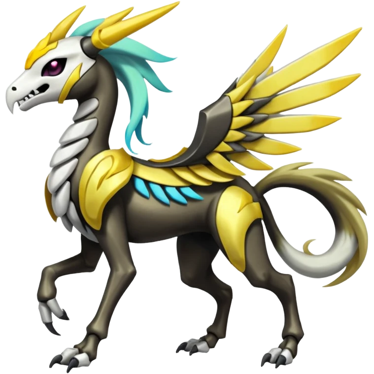 Colorful Shiny Vibrant neon-colored elemental Skeletal masked armored Meloetta-Silvally-Solgaleo-Raikou-Pokémon-Digimon-Fakémon-fusion-hybrid-creature, full body emoji