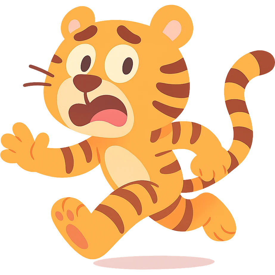 cartoonish tiger running away, looking scared, pastel toon style emoji