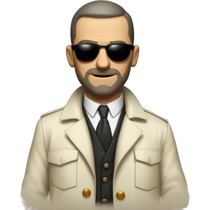 <excerpt>
A 1930s white man with real buzz cut Black hair, beard stubble donning small red tinted sun glasses in a dirty white trench coat, is serious.
</excerpt> emoji