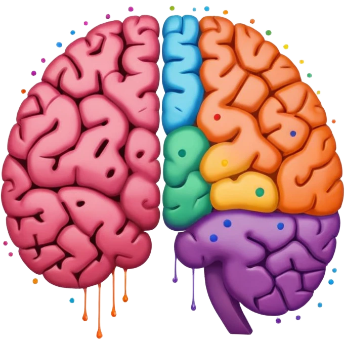 Un cerebro dividido a la mitad; el lado izquierdo está formado por puntos y ceros (0101), y el lado derecho por manchas de pintura de colores vibrantes. emoji