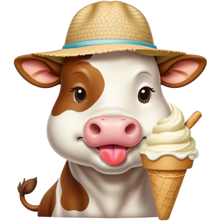 Cow licking ice cream with a beach hat emoji