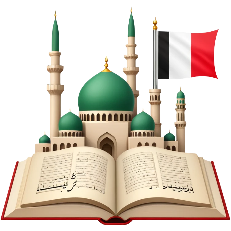 An icon featuring the mosque and the flag of United Arab Emirates, symbolizing the Arabic language. The design includes an open book with Arabic script and calligraphy, representing language learning and cultural heritage. Transparent background emoji