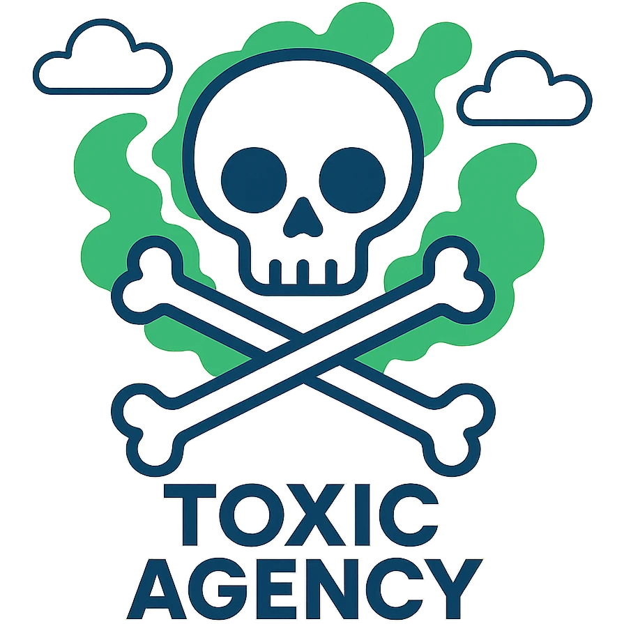 logo for 'Toxic Agency', skull and crossbones motif, bold lettering, green smoke accents, strong and impactful emoji