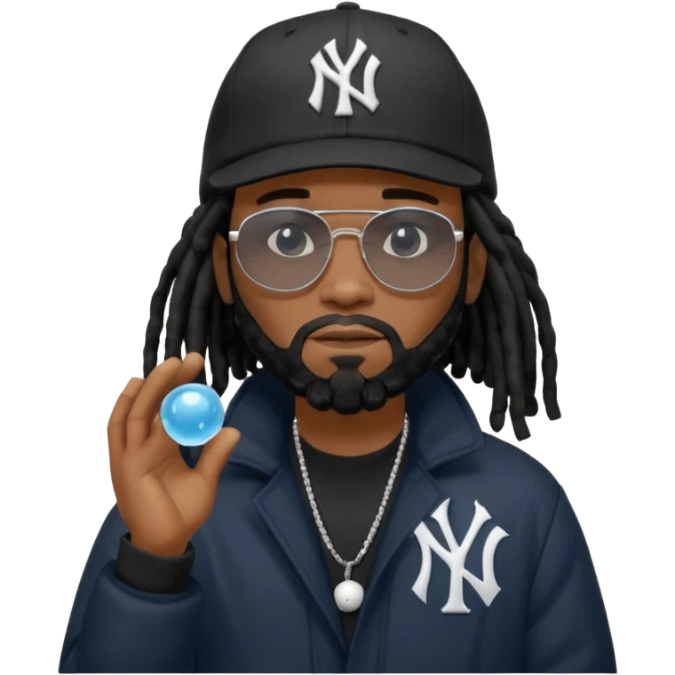 African American man with shoulder length black dreadlocks with black beard wearing black sunglasses wearing a black bubble winter coat wearing a New York Yankees baseball hat with his hands on top of head in thinking position emoji