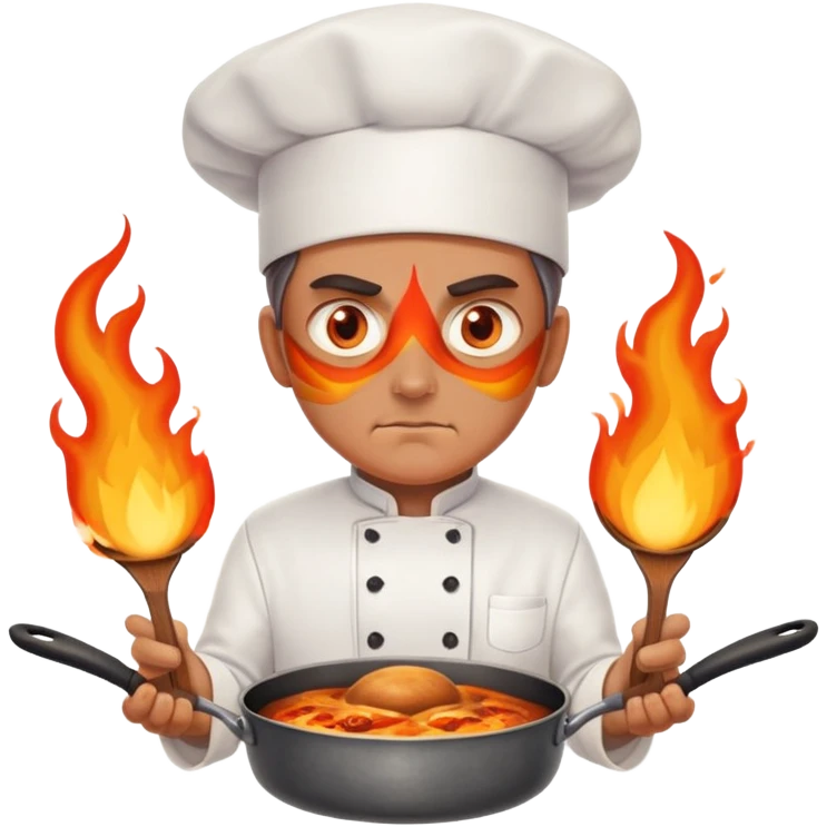 chef with intense flame eyes, crossing pans across chest in X formation emoji