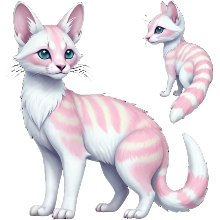 Colorful tropical pearly-albino-white iridescent glorious divine exotic cute cool beautiful shiny beautiful fantasy-caracal-civet-genet-sergal-vernid-Cacomistle-oncilla-animal-Fakémon-hybrid-fursona with tufted ears (full body) emoji