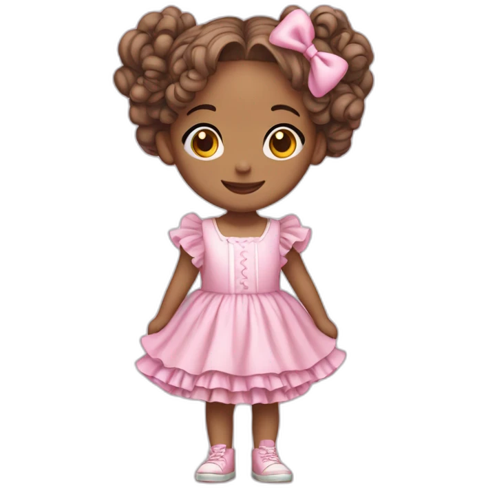 full body of a white smiling  girl in pink frilly dress with ruffles and bow, pink hair, long pigtails emoji