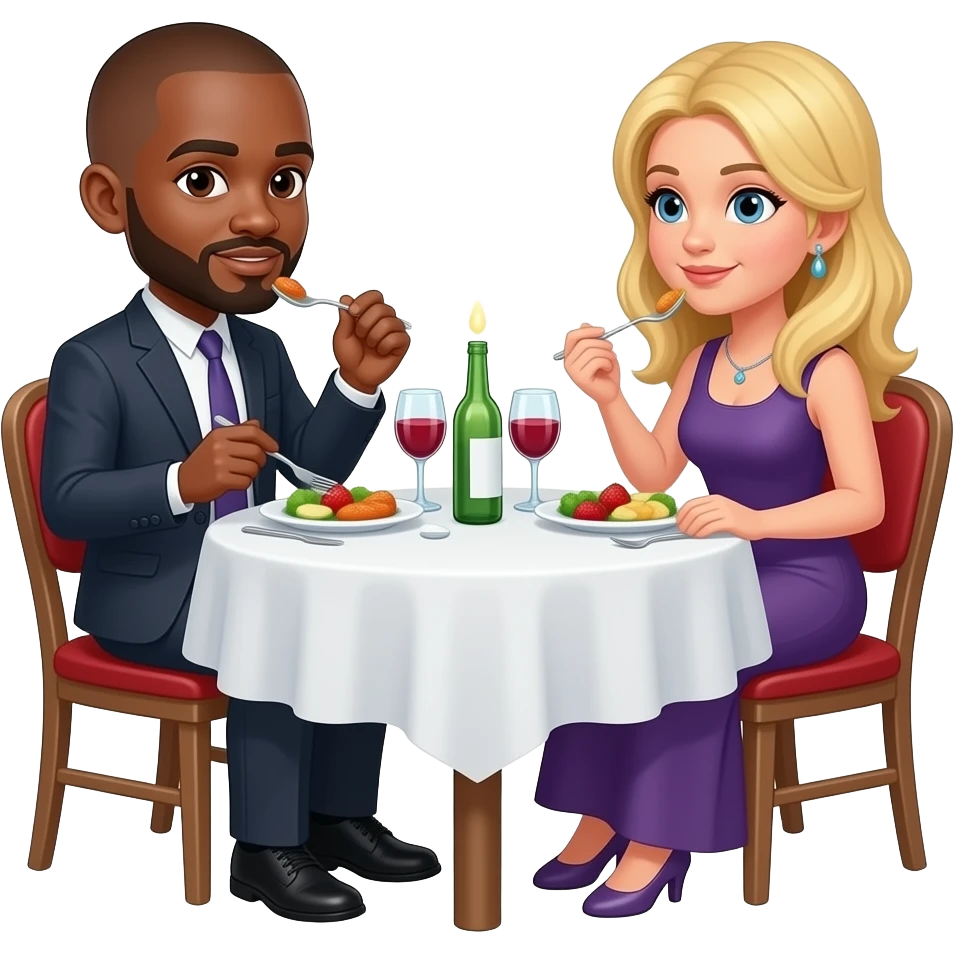 Black man with shaved head eating dinner with blonde woman emoji