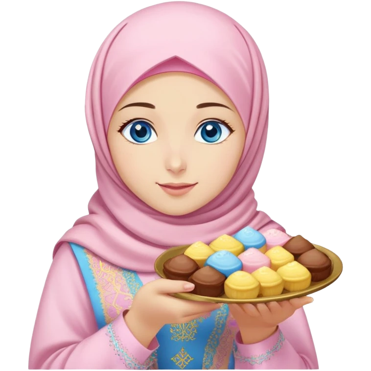 Turkish beautiful finish Konya girl blue eyes with powder pink yellow hijab islamic dress and had on her hand text Eid Mubarak with sweets and celebrating with her friends eid days   emoji