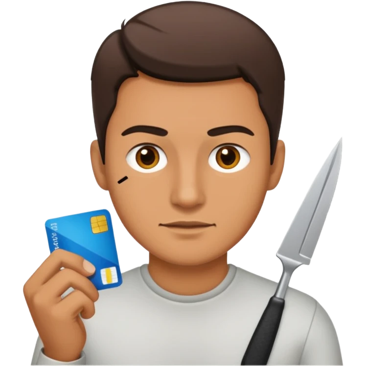 Scissors cutting man ID card in 2 parts. Realistic emoji