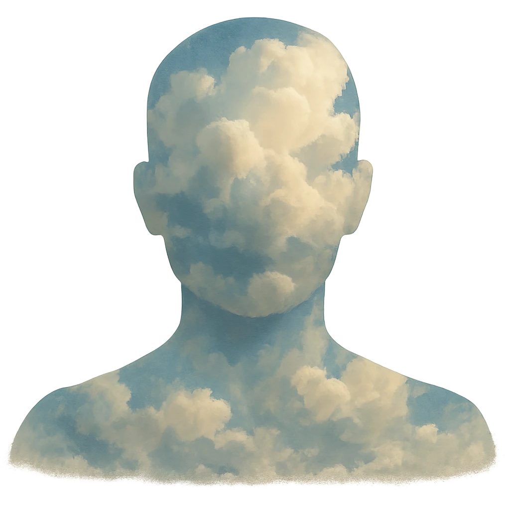 front-facing person from shoulders up, composed entirely of photo clouds inside, clouds styled like the reference emoji