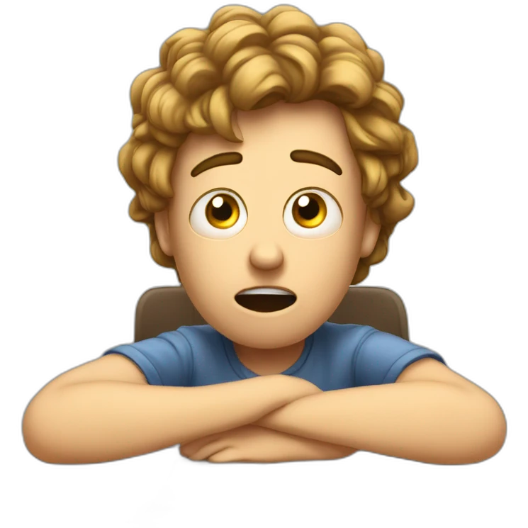 Sitting at his desk Terrified, student learning stressed out for exam on desk emoji