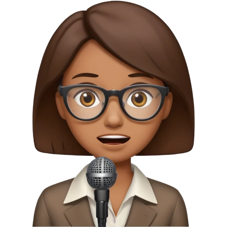 a office woman presenting her idea with microphone stop smiling and got scared with disappointed face
 emoji
