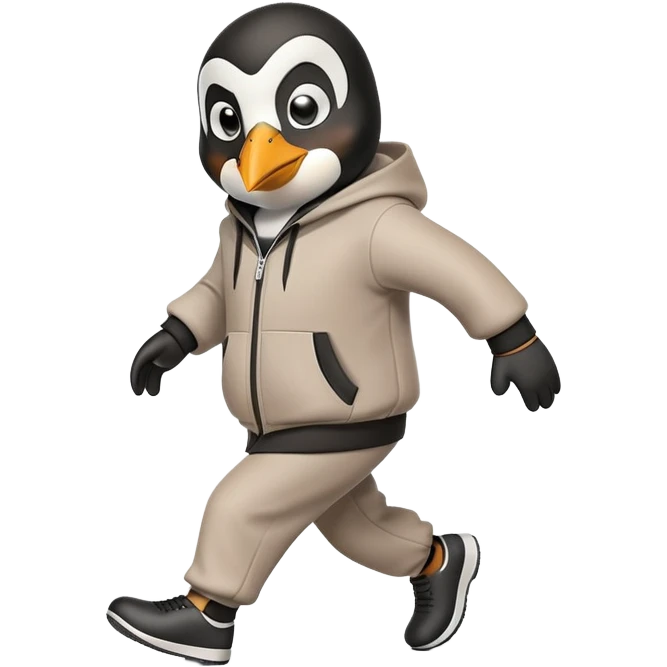 friendly anthropomorphised penguin wearing a mafia-style tracksuit, angry expression, tense hurried stride emoji